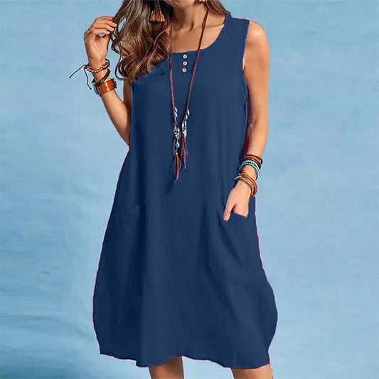 New Arrival✨🌿 Relaxed Fit Linen Blend Sleeveless Dress with Side Pockets – Effortless Summer Style