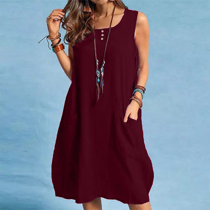 New Arrival✨🌿 Relaxed Fit Linen Blend Sleeveless Dress with Side Pockets – Effortless Summer Style