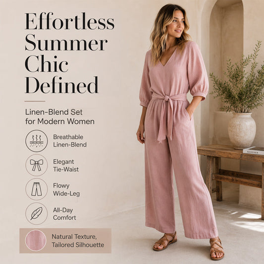 Summer Favorite☀️🌺 Lightweight Two-Piece Set – V-Neck Top & Comfort Wide-Leg Pants for Everyday Elegance