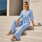 Summer Favorite☀️🌺 Lightweight Two-Piece Set – V-Neck Top & Comfort Wide-Leg Pants for Everyday Elegance