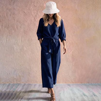 Summer Favorite☀️🌺 Lightweight Two-Piece Set – V-Neck Top & Comfort Wide-Leg Pants for Everyday Elegance