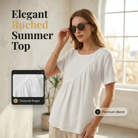 🌸 Asymmetrical Ruched Short Sleeve Blouse – Soft Drape & Effortless Style for Any Occasion