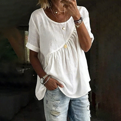 🌸 Asymmetrical Ruched Short Sleeve Blouse – Soft Drape & Effortless Style for Any Occasion
