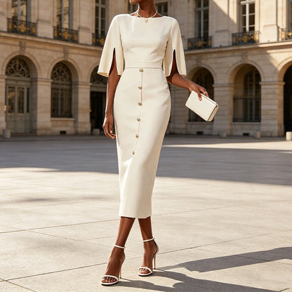 New Arrival✨🌸 Waist-Defining Sleeve-Slit Dress in White & Black – Sculpted Silhouette for Confident Style