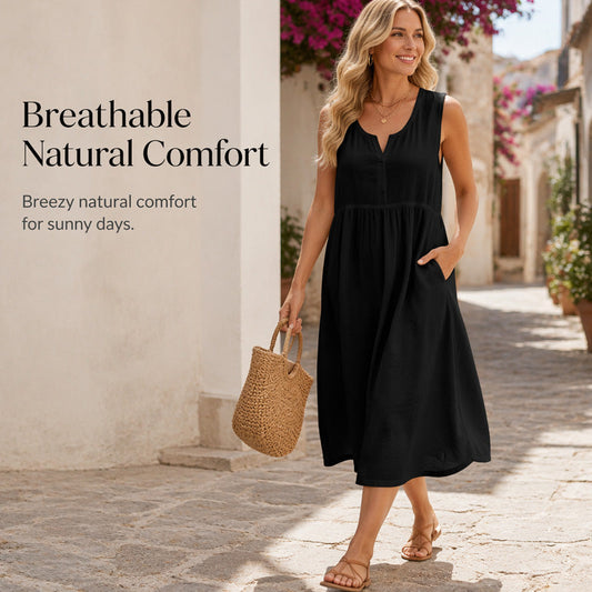 New Arrival✨🌸 Pleated Waist Linen Blend Dress – Flattering Fit & Deep Side Pockets in 8 Classic Colors