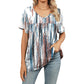 Women's V Neck Printed T-Shirt Casual Short Sleeve Pleated Top