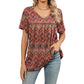 Women's V Neck Printed T-Shirt Casual Short Sleeve Pleated Top