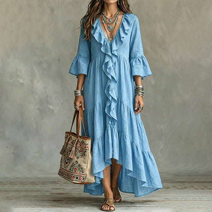 👗 Retro Ruffle V-Neck Dress with Bell Sleeves – Flowing & Feminine for Any Occasion