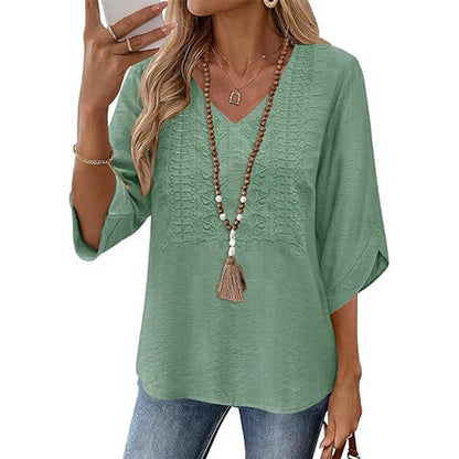 Trending Now⭐💃 Relaxed Lace-Trim Top in Rich Hues – Refined Texture & Easy Drape for All-Day Comfort