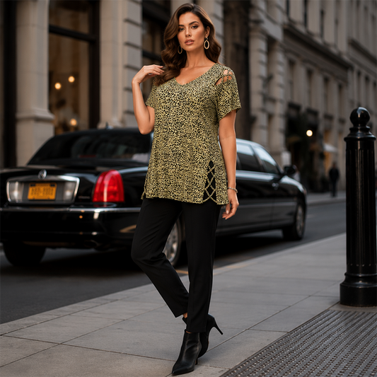 Bestseller🏆 Side Lace-Up V-Neck Top – Leopard Print & Easy Drape for Effortless All-Day Wear
