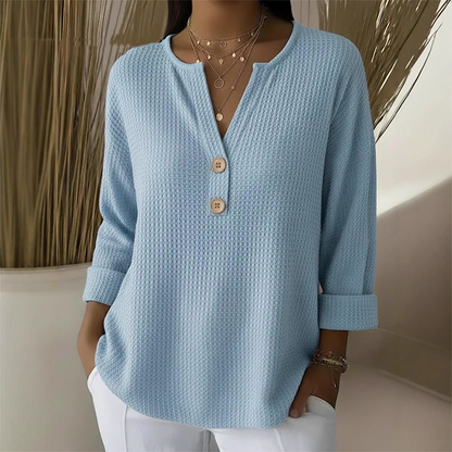 👚Top Pick - V-Neck Henley Top with Waffle Texture – Breathable Fabric & Versatile Solid Colors 🌿