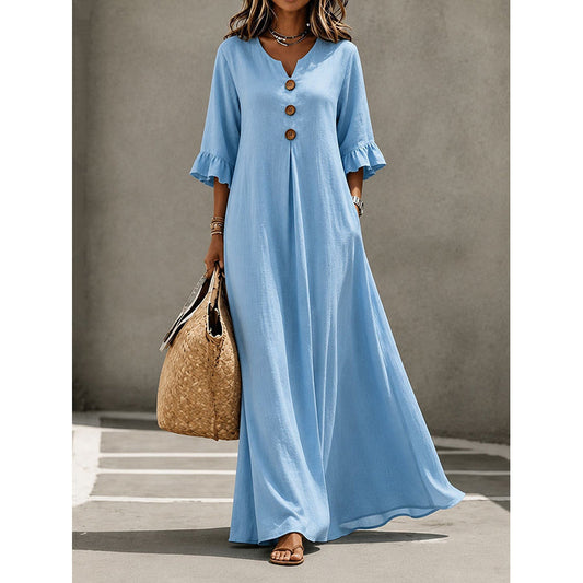👗Top Pick - Ruffle Sleeve Maxi Dress with Statement Buttons – Soft Drape & Effortless Vacation Vibes 🌿