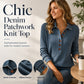 Women's Denim Collar Long Sleeve Patchwork Knit Top