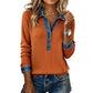 Women's Denim Collar Long Sleeve Patchwork Knit Top