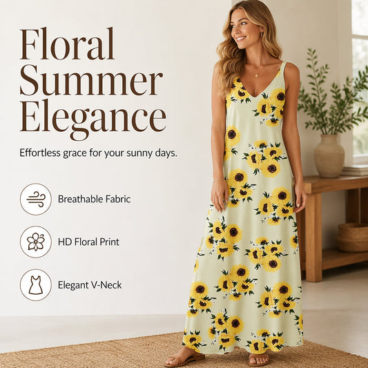 Bestseller🏆👗 Printed Strap Maxi Dress – Elegant V-Neck & Airy Fit for Garden Parties or City Strolls