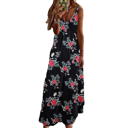 Bestseller🏆👗 Printed Strap Maxi Dress – Elegant V-Neck & Airy Fit for Garden Parties or City Strolls
