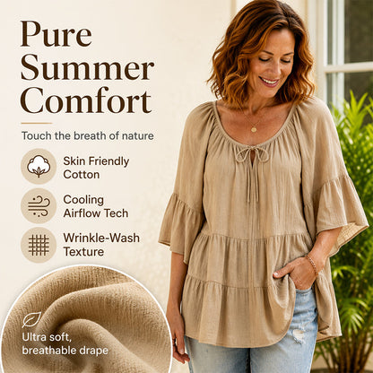 🔥Must-Have👚 Ruffle Tiered Top with 3/4 Sleeves - Elegant Movement & Soft Texture for Effortless Chic