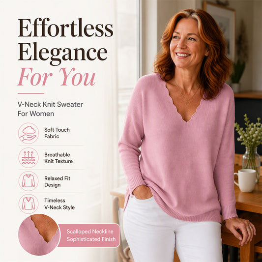 Trending Now⭐👚 Scalloped V-Neck Knit Sweater – Feminine Detail & Soft Texture for Effortless Cool-Weather Style