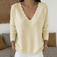Trending Now⭐👚 Scalloped V-Neck Knit Sweater – Feminine Detail & Soft Texture for Effortless Cool-Weather Style