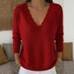 Trending Now⭐👚 Scalloped V-Neck Knit Sweater – Feminine Detail & Soft Texture for Effortless Cool-Weather Style