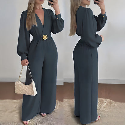 ☀️New Arrivals - V-Neck Belted Jumpsuit with Flowing Wide-Leg
