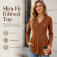 Women's V Neck Ribbed Knit Casual Top
