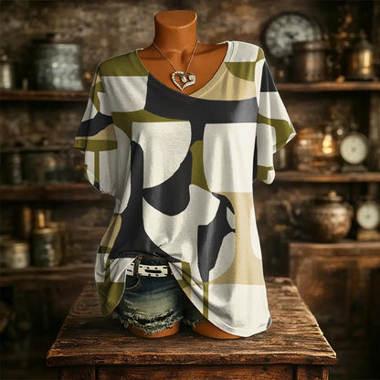 👚New Arrivals - Cooling Fabric V-Neck Top with Artistic Print – Wrinkle-Resistant & Soft Touch for All-Day Wear