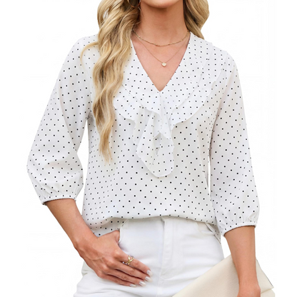 ✨🛍️Fresh Drop - Polka Dot Ruffle V-Neck Blouse