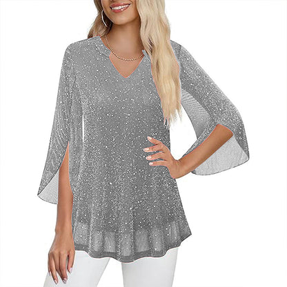 ✨👚New Arrivals - Sparkly Flare Sleeve Top – Shimmering Fabric & Chic Split Cuff for Glamorous Vibes