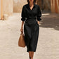 👗Women's Lapel Wrap Midi Shirt Dress with Pockets
