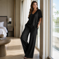 👚New Arrivals - Two-Piece Set with Drawstring Detail – Flattering V-Neck & Breezy Wide-Leg Trousers for Any Occasion