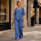 👚New Arrivals - Two-Piece Set with Drawstring Detail – Flattering V-Neck & Breezy Wide-Leg Trousers for Any Occasion