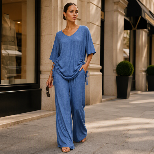 👚New Arrivals - Two-Piece Set with Drawstring Detail – Flattering V-Neck & Breezy Wide-Leg Trousers for Any Occasion