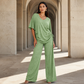 👚New Arrivals - Two-Piece Set with Drawstring Detail – Flattering V-Neck & Breezy Wide-Leg Trousers for Any Occasion