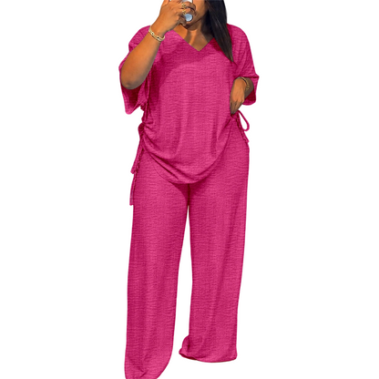 👚New Arrivals - Two-Piece Set with Drawstring Detail – Flattering V-Neck & Breezy Wide-Leg Trousers for Any Occasion
