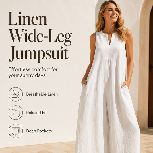 ⭐New Arrivals - Sleeveless Linen Jumpsuit with Pockets – Flowing Oversized Silhouette for Beach or Lounge