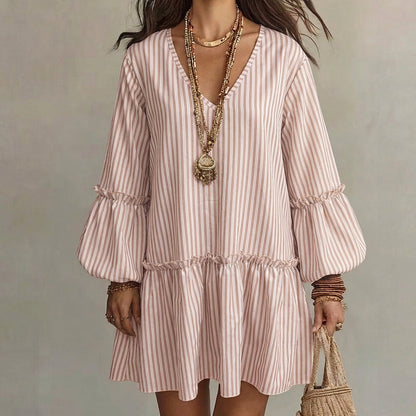🌸👗New Arrivals - Striped Lantern Sleeve Midi Dress – Flattering V-Neck & Breezy Silhouette for Any Casual Day