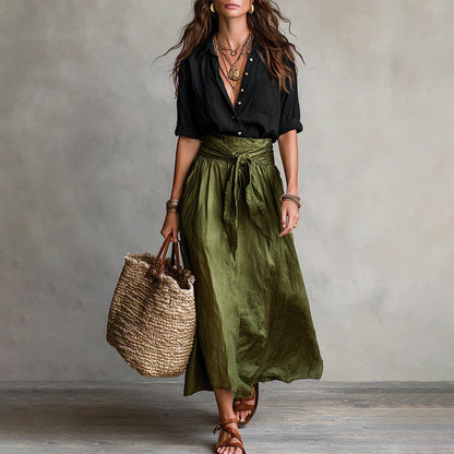 Women's Elegant Shirt & Tie-Waist Skirt Set