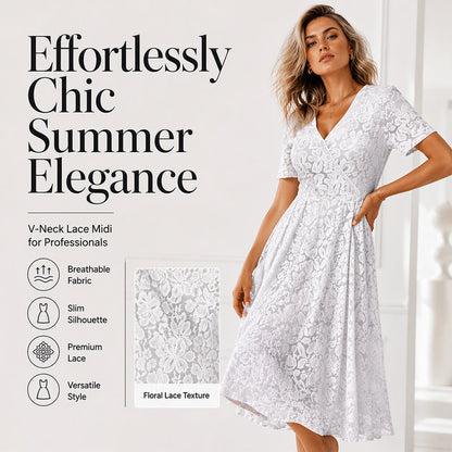 Trending Now⭐👗 Elegant V-Neck Lace Dress – Delicate Sheer Detail for Effortless Romantic Style