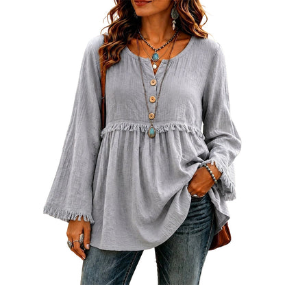 Women's Casual Loose Long Sleeve Fringe Top