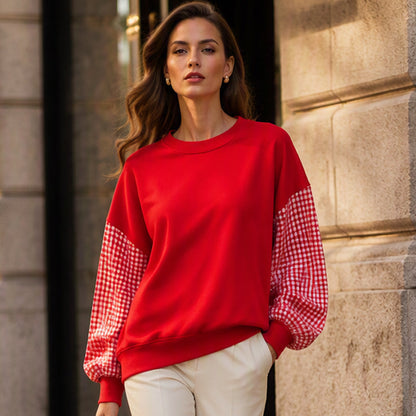 Women's Loose Crew Neck Patchwork Plaid Top