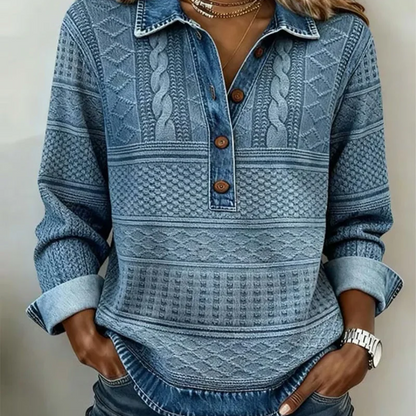 👔New Arrivals - Patchwork Long Sleeve Shirt with Denim Trim – Classic Lapel & Partial Button Placket for Versatile Casual Wear