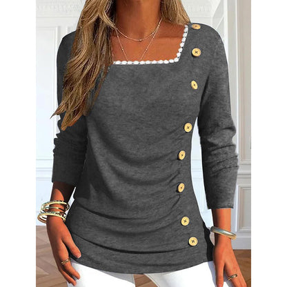 Bestseller🏆👚 Lace-Trim Long Sleeve Top – Feminine Square Neck & All-Day Comfort for Every Look