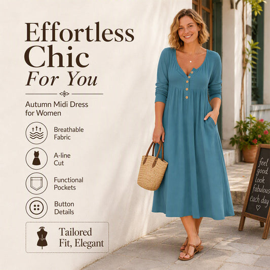 👗Seasonal Style - Button-Front Pleated Dress – Flowing Silhouette & Easy Pairing with Heels or Flats