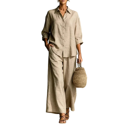 Women's Casual Shirt & Flowy Wide-Leg Pants Set