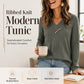Women's Ribbed Knit V-Neck Top with Decorative Buttons