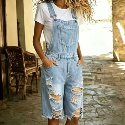 Women's Distressed Denim Overall Shorts