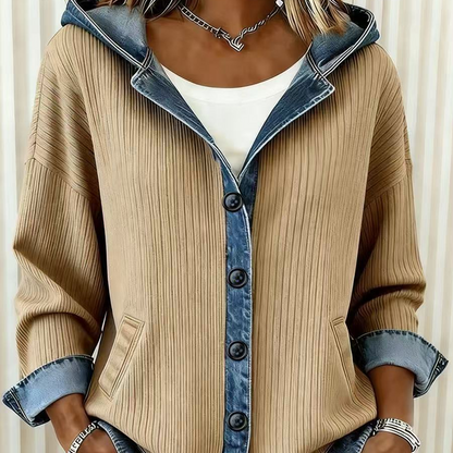 🧥Seasonal Style - Button-Front Hooded Jacket – Textured Patchwork Detail & Relaxed Silhouette for Everyday Looks