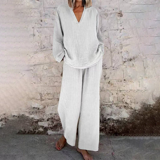 👚Seasonal Style - Long Sleeve Top & Wide-Leg Pants – High-Rise Waistband & Elegant Drape for Office or Weekend