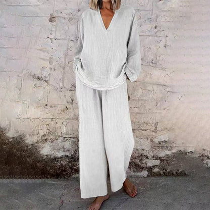 👚Seasonal Style - Long Sleeve Top & Wide-Leg Pants – High-Rise Waistband & Elegant Drape for Office or Weekend
